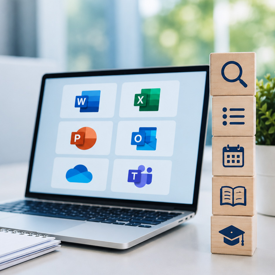 ein Arbeitsplatz mit Laptop mit den Logos von Microsoft 365, Teams, Outlook, PwerPoint, Word  und Excel