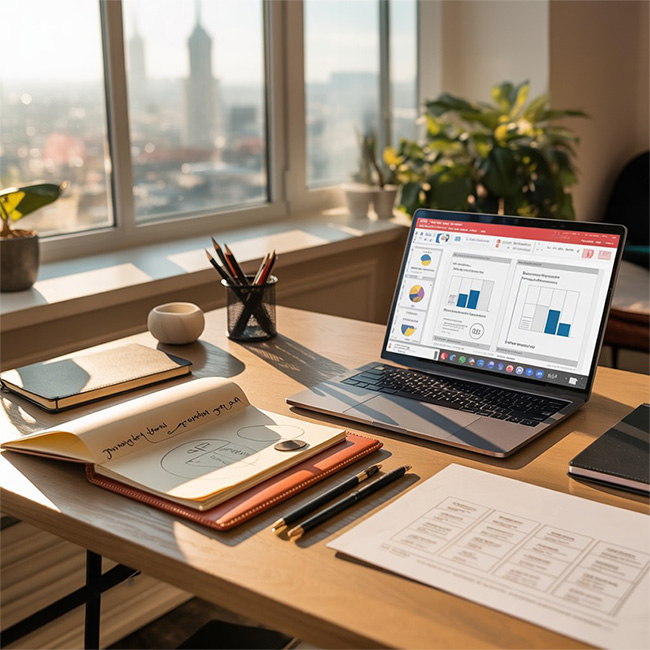 ein Arbeitsplatz mit Laptop und Dokumenten. Es ist das Programm PowerPoint geöffnet.